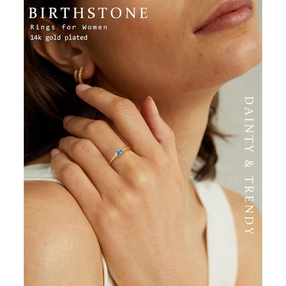 Women Blue/gold Non Tarnish Dainty 14k Gold Plated Baguette Emerald Stone Ring - Picture 3 of 7